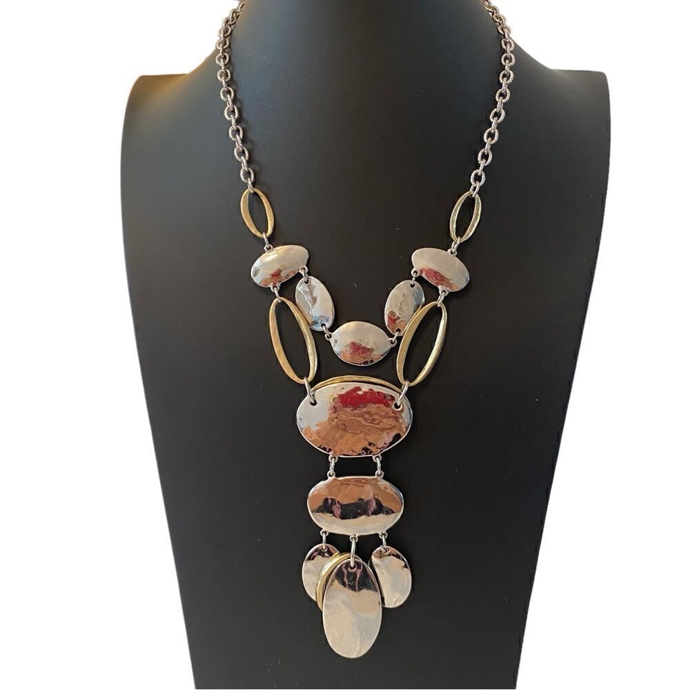 Chicos Hammered Silver & Gold Metal Circle Drop Statement Necklace.